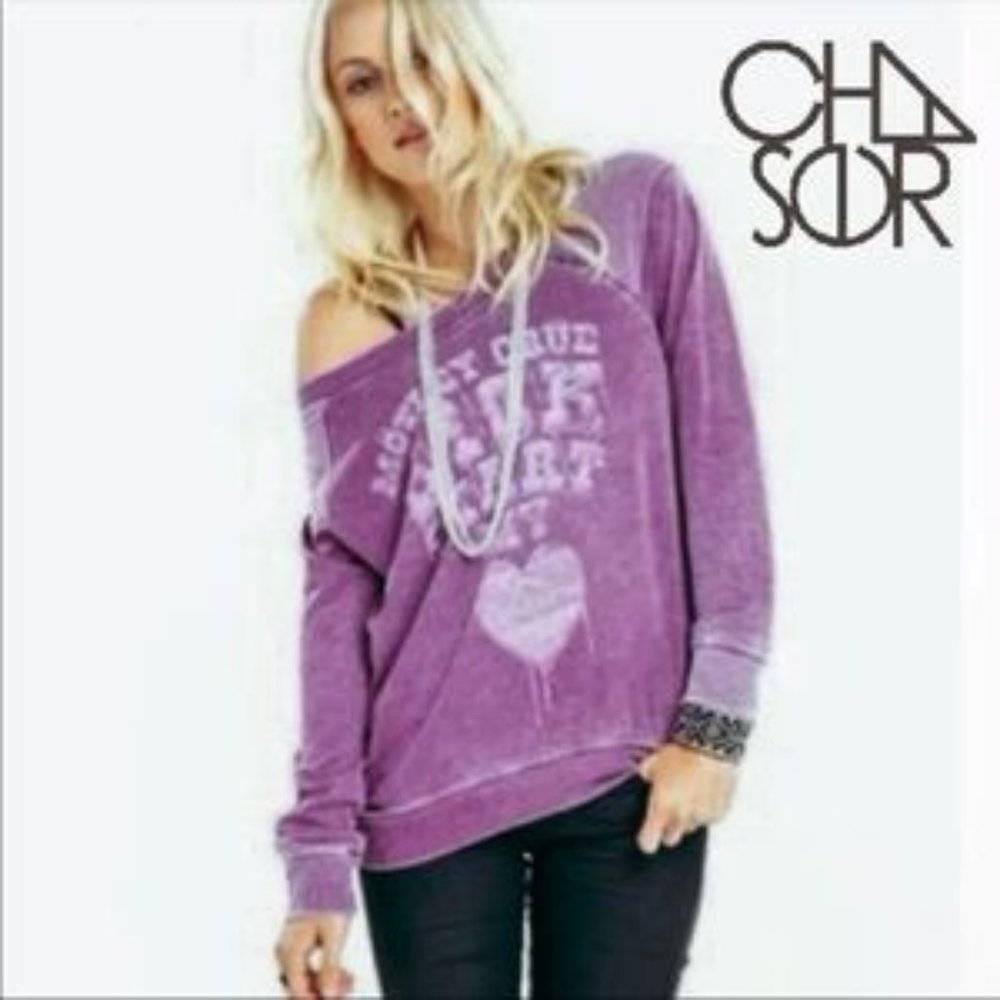 Chaser Motley Crue Distressed Pullover Womens XS Purple Sweatshirt Top - Picture 2 of 9